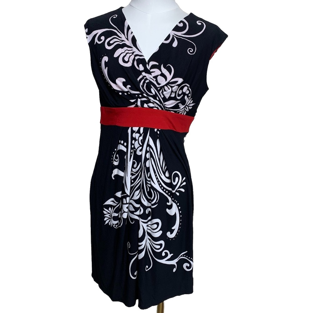 Sandra Darren Faux Wrap Dress Womens 4P Black‎ White Red Floral Swirl Sleeveless